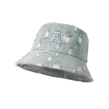 Spring Summer Denim Fisherman Hat for Women, Unique Trendy Distressed Sun Hat for Men, Korean Fashion Face-Slimming Bucket Hat