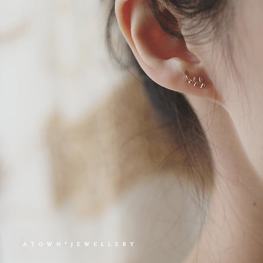 S925 Sterling Silver 14K Gold Plated Leaf Stud Earrings Mini Elegant Tree Branch Korean and Japanese Style Ins Style Small Earrings