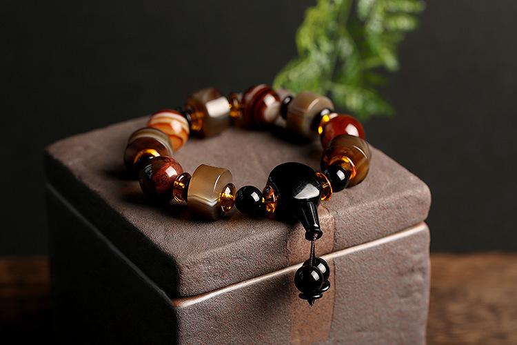 Original Natural Silk Wrapped Old Agate Bracelet Domineering Single Circle Men's Abacus Bead Bracelet Ethnic Style Gift Jewelry