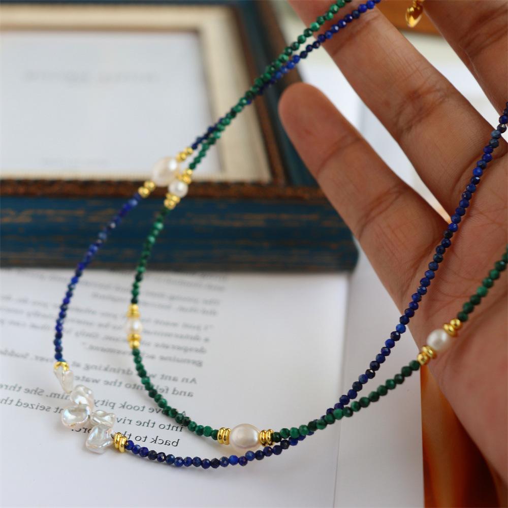 Design Simple Natural Lapis Lazuli Malachite Freshwater Petal Pearl Necklace Ultra-fine Layered Collarbone Chain Necklace