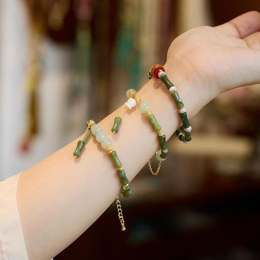 Natural Olive Jade Bamboo Knot Bracelet for Women, One Leaf Wealth Lily of the Valley Hetian Jade Bracelet, Gift for Best Friend