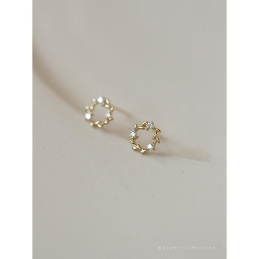 S925 Sterling Silver Gold-Plated Earrings for Women Zircon Branch Leaf Small Flower Ring Elegant Petite Floral Korean and Japanese Style Earrings
