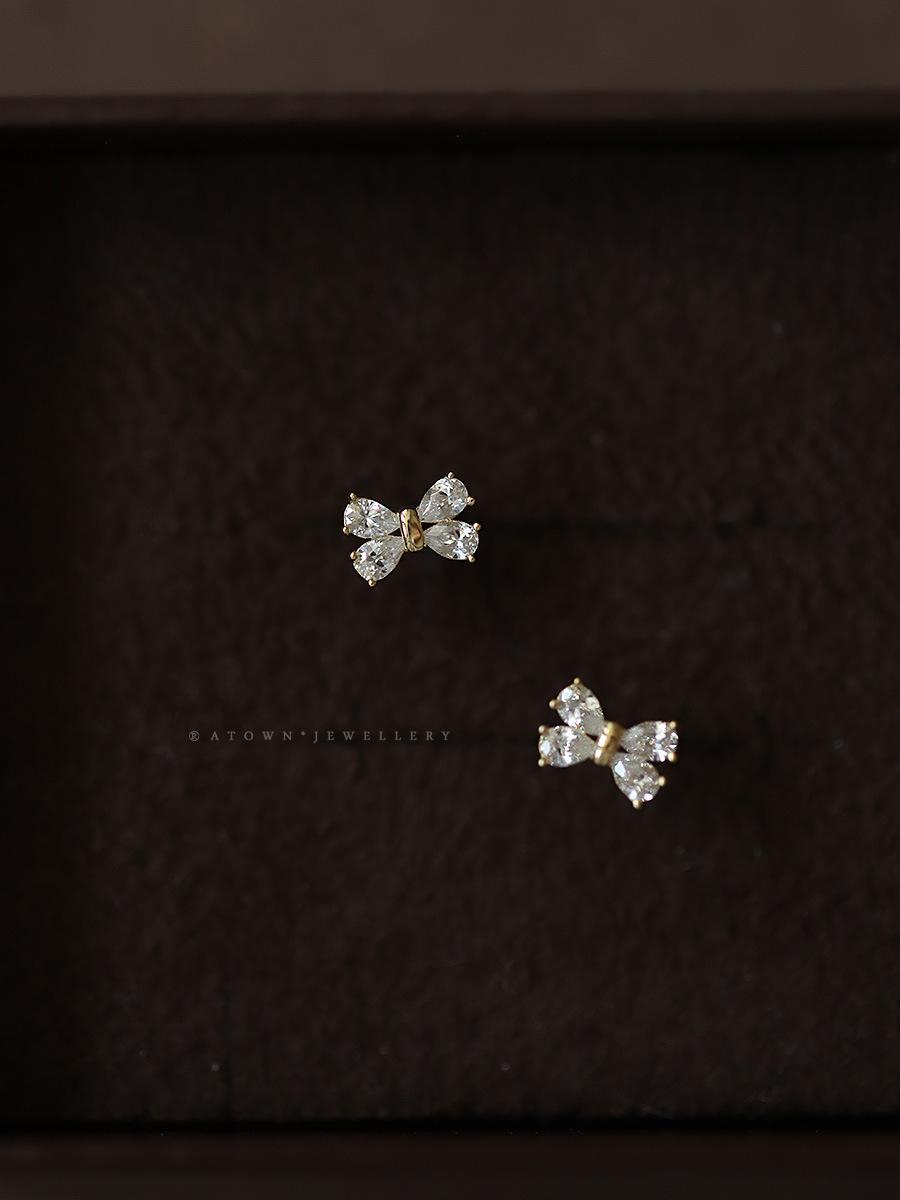 S925 Silver Plated 14K Gold Earrings Four Diamonds Bowknot Sweet Korean Design Mini Earrings Girlfriend Gift