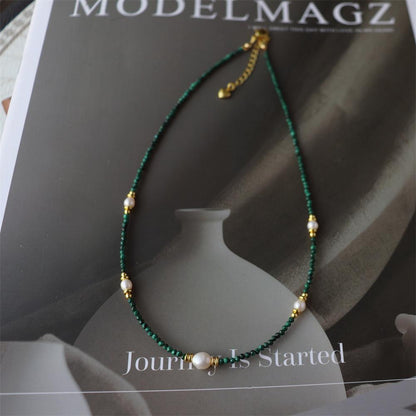 Design Simple Natural Lapis Lazuli Malachite Freshwater Petal Pearl Necklace Ultra-fine Layered Collarbone Chain Necklace