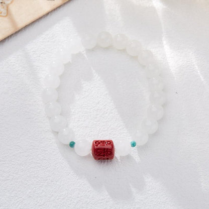 Hetian White Jade Bracelet for Women with Cinnabar Six-Word Mantra, Jadeite Hetian Jade Beads, Zodiac Year Gift