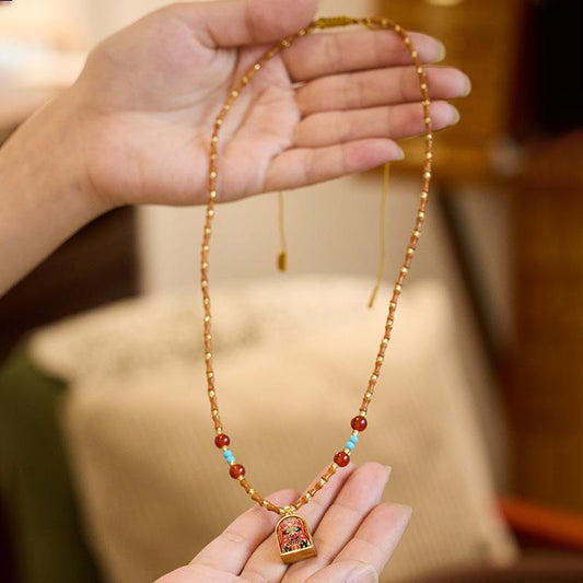New Chinese Style Olive Stone Bamboo Knot Braided Necklace for Women with Zakiram Thangka Pendant and Gawu Box, Elegant and Versatile Necklace