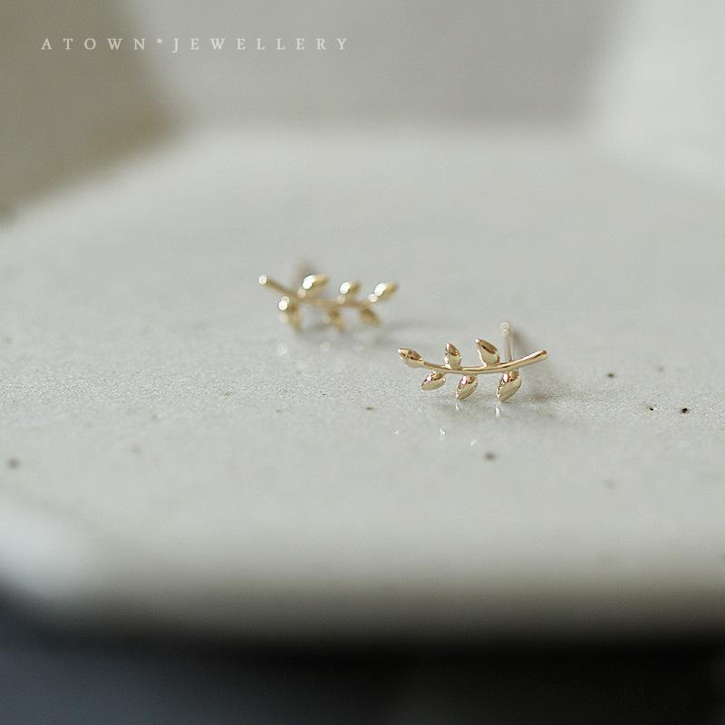S925 Sterling Silver 14K Gold Plated Leaf Stud Earrings Mini Elegant Tree Branch Korean and Japanese Style Ins Style Small Earrings