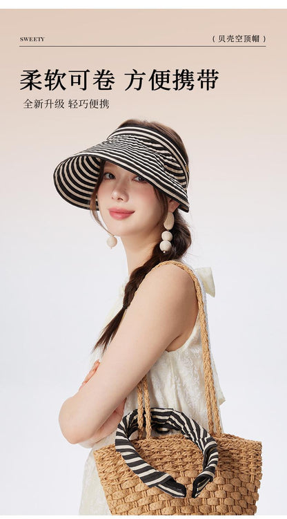 Striped Visor Hat for Women Summer Korean Style Wide Brim Sun Hat Striped Beach Hat Foldable Headband