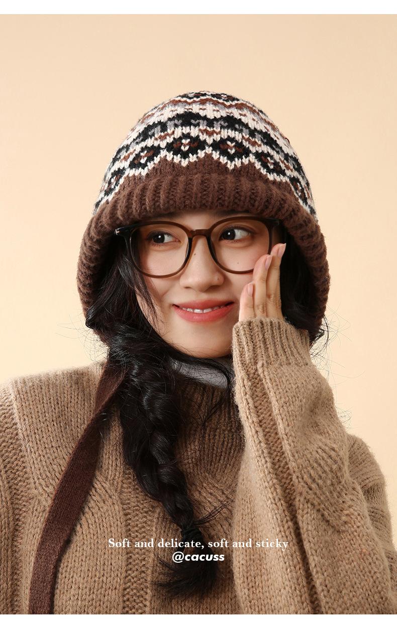 Korean Style Hat for Women Winter Knitted Drawstring Slouchy Beanie Fair Isle Style Retro Versatile Wool Hat for Women