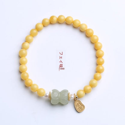 Natural Chicken Fat Yellow Beeswax Buddha Beads Bracelet for Women Amber Hetian Jade Single Circle Bracelet Retro Chinese Style Design