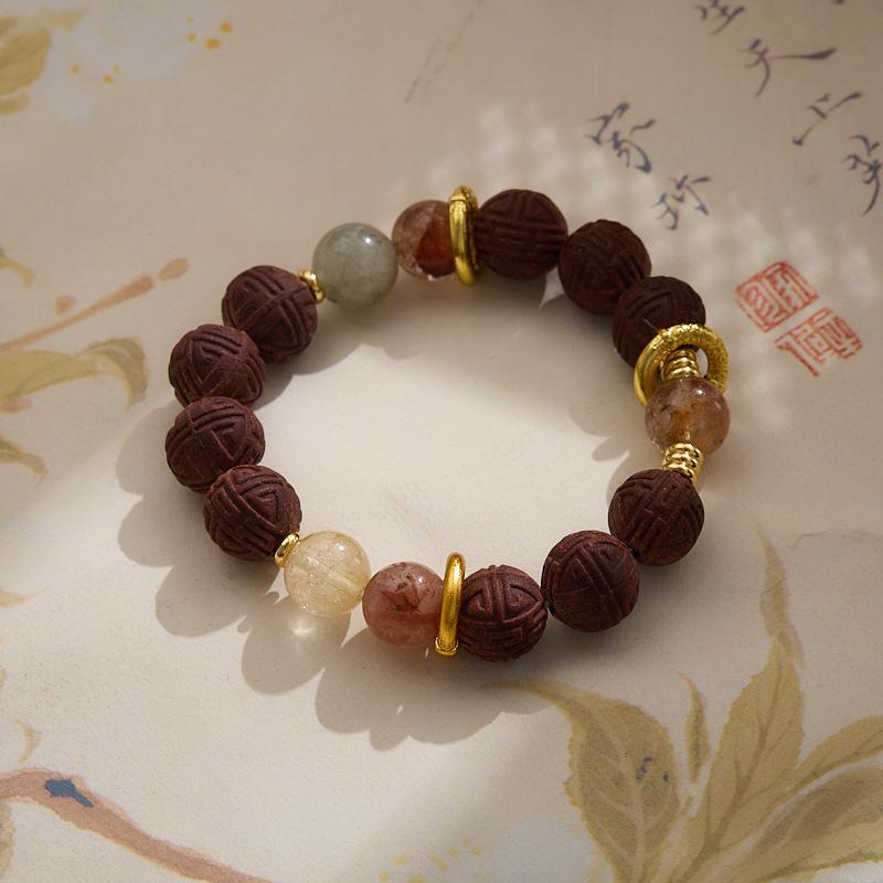 Handmade DIY Ancient Method Incense Bead Bracelet Golden Rutilated Quartz Red Agate Crystal Bracelet Medicinal Incense Bead Handcraft
