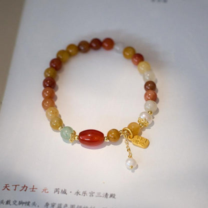 Natural Xinjiang Golden Silk Jade Bracelet for Women with Pearl Tassels, New Chinese Style, High-End Jade Bracelet, Best Friend Gift