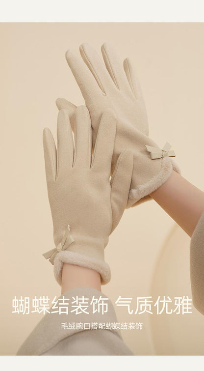 Autumn Winter Thermal Gloves for Women Outdoor Cold-Proof Fleece-Lined Warm Gloves Cute Bow Driving Gloves Touchscreen Compatible