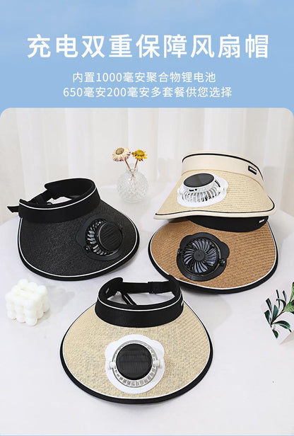 Solar Charging Fan Hat for Girls, Open Weave Wide Brim Hat, Parent-Child Outdoor Sun Hat, Sun Protection, Travel, Adult Style