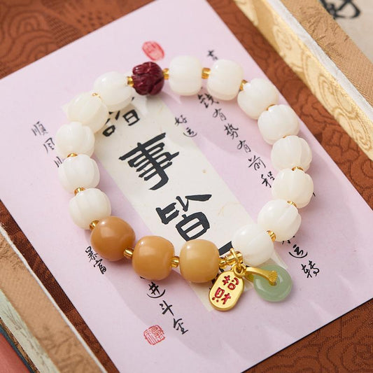 Lingyin Blessing Natural White Jade Bodhi Pumpkin Bracelet Good Luck Cinnabar Lotus Bracelet Temple Same Style Gift