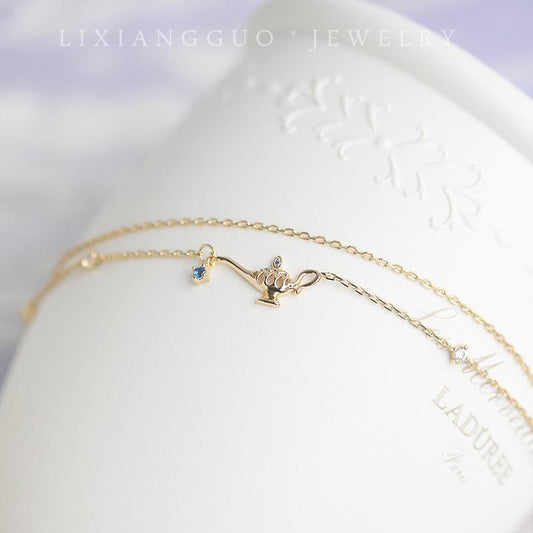 Three Wishes~S925 Sterling Silver Plated 14K Gold Little Magic Lamp Double Layer Bracelet for Women Simple Versatile Elegant Fairy Hand Jewelry
