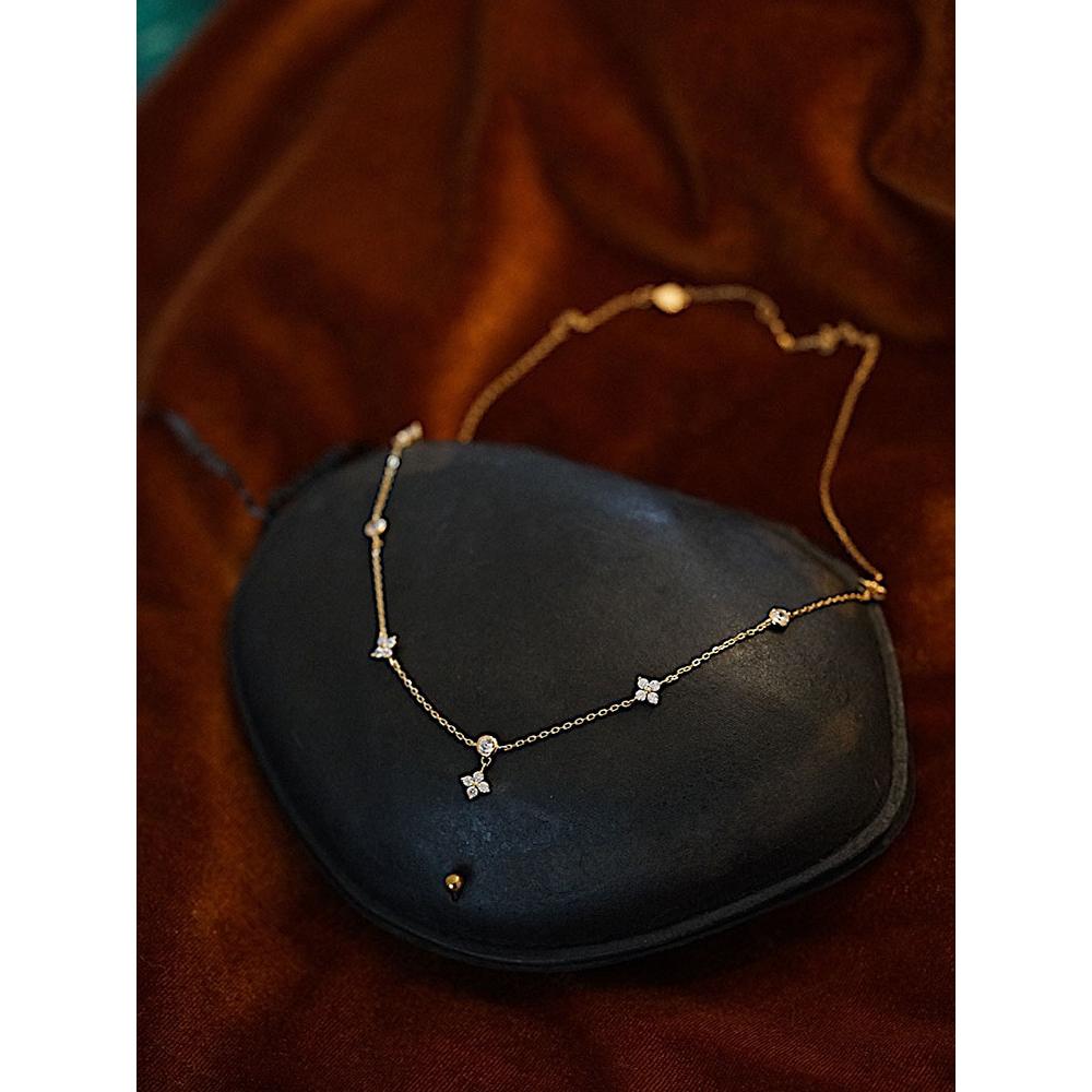S925 Silver Plated 18K Gold Four-Leaf Clover Lucky Vintage Simple Elegant Collarbone Necklace