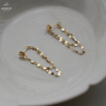 Elegant S925 Silver Gold-Plated Blade Chain Kiss Chain Long and Short Tassel Front and Back Double-Layer Earrings