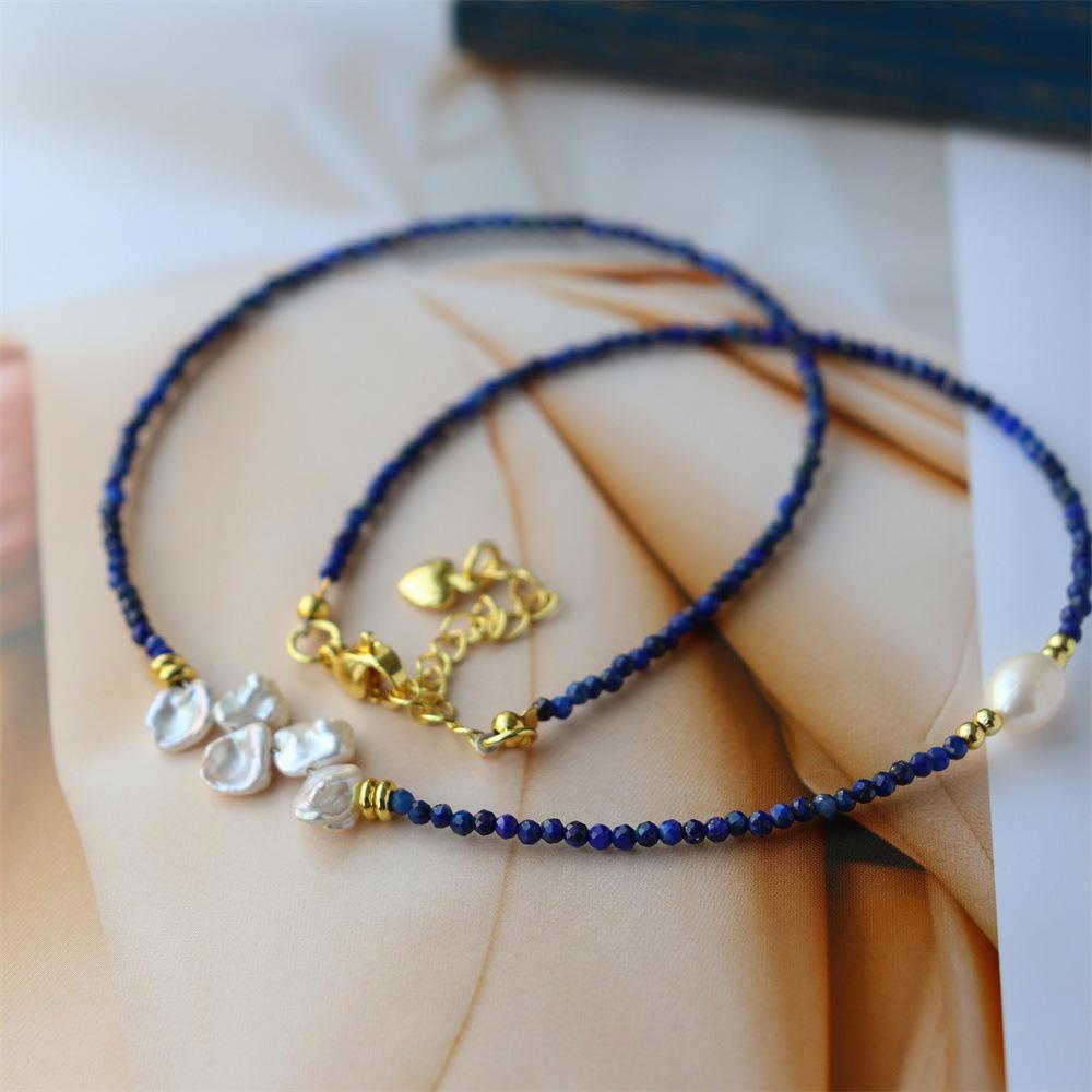Design Simple Natural Lapis Lazuli Malachite Freshwater Petal Pearl Necklace Ultra-fine Layered Collarbone Chain Necklace