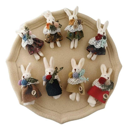 Sweet and Fresh Forest Style Girl Fabric Cartoon Cute Floral Dress with Little Bunny Brooch Accessory
