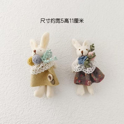 Sweet and Fresh Forest Style Girl Fabric Cartoon Cute Floral Dress with Little Bunny Brooch Accessory