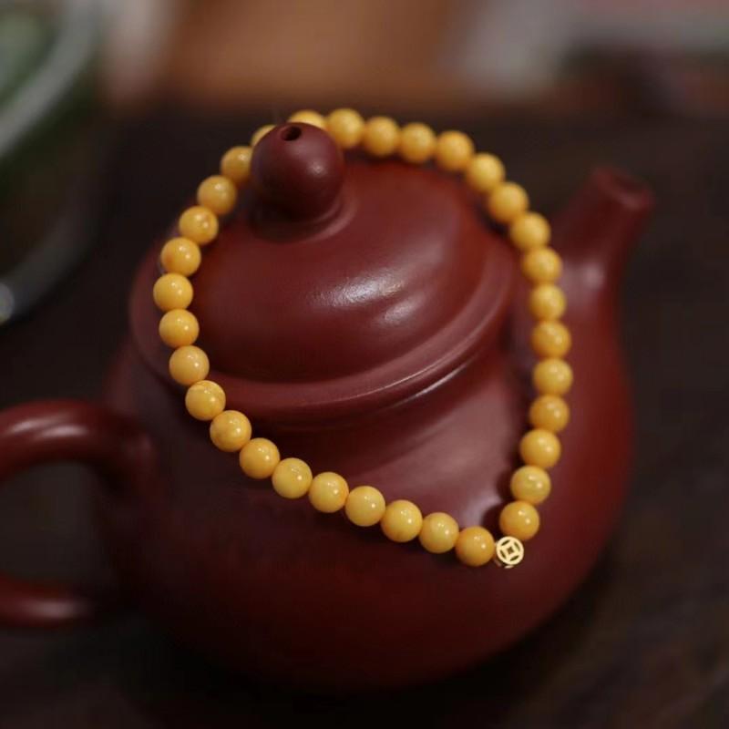 Natural Chicken Fat Yellow Beeswax Buddha Beads Bracelet for Women Amber Hetian Jade Single Circle Bracelet Retro Chinese Style Design