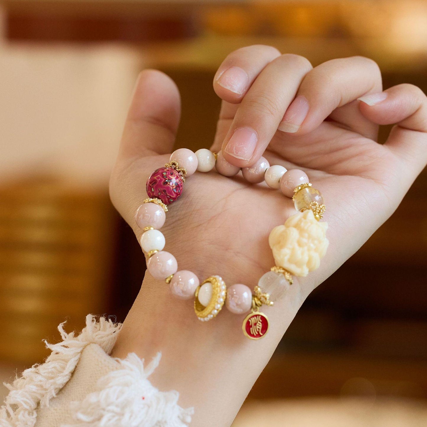 Temple Style Nine-Tailed Fox Ash Porcelain Glass Bracelet for Women Fox Demon Little Matchmaker Peach Blossom Good Luck Bead Bracelet