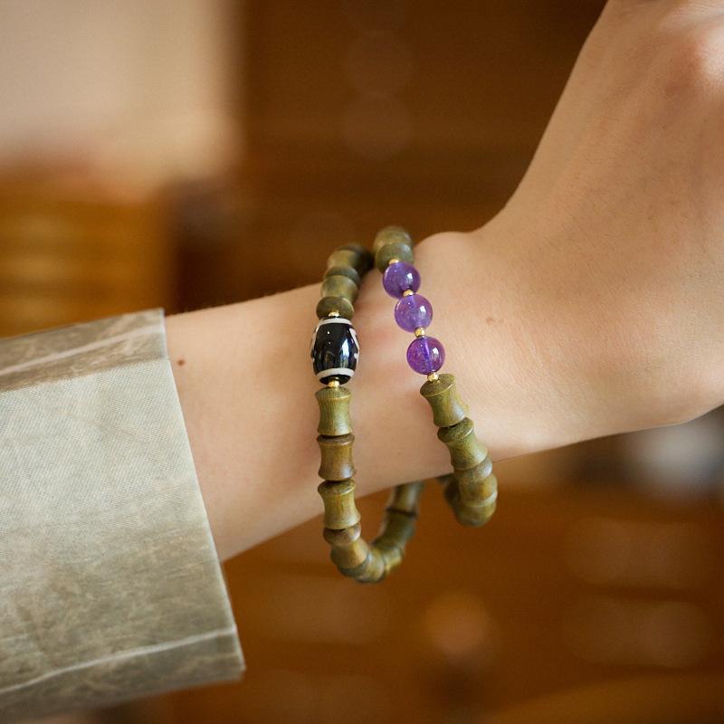 Natural Green Sandalwood Bamboo Knot Bracelet Nine Purple Fire Luck Bracelet for Women Tibetan Style Dzi Bead High-end Crystal Bracelet