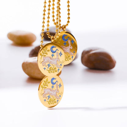 Titanium Steel New Hand-Painted Oil-Drip Rabbit Element Pet Oval Tarot Card Necklace Color-Retaining 18K Gold Plating