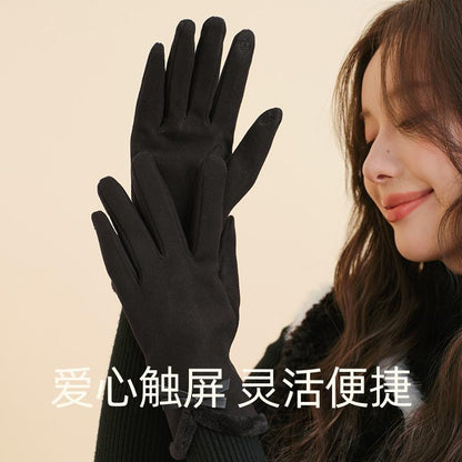 Autumn Winter Thermal Gloves for Women Outdoor Cold-Proof Fleece-Lined Warm Gloves Cute Bow Driving Gloves Touchscreen Compatible