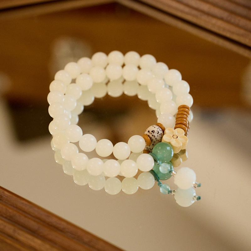 Natural White Jade Bodhi Bracelet Wealth Flower Green Dongling Bodhi Double Circle Cultural Play Bracelet Buddhist Beads Prayer Beads Bracelet