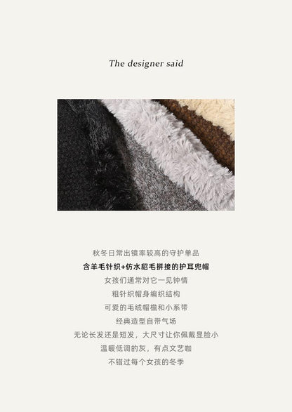 Autumn Winter Fluffy Ear Protection Knitted Hat for Women Large Head Circumference Cold-Proof Warm Wool Hat Color-Block Tie Head Wrap Hat