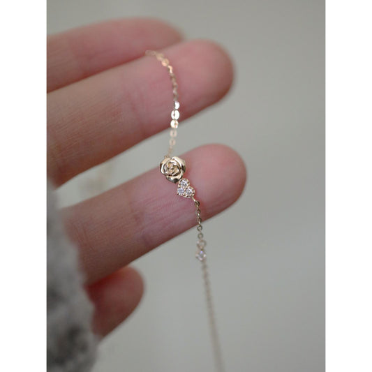Rose Flower S925 Silver Plated 14K Gold Fine Sparkling Rose Heart Ultra-Thin Bracelet Gift