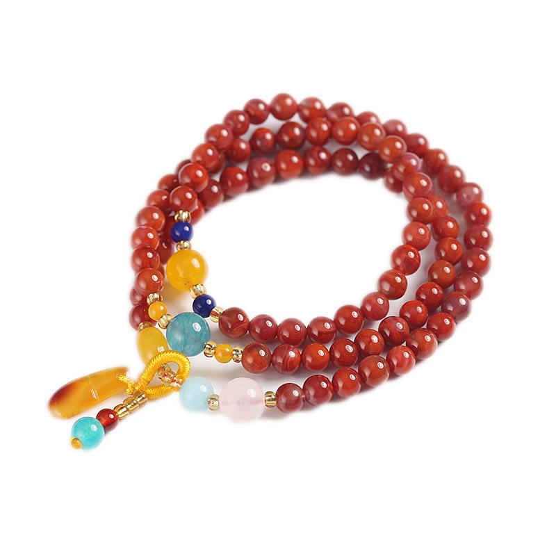 Natural Three-Circle Southern Red Agate Bracelet Amber Pendant Ethnic Style Multi-Circle Southern Red Agate Bracelet Unisex