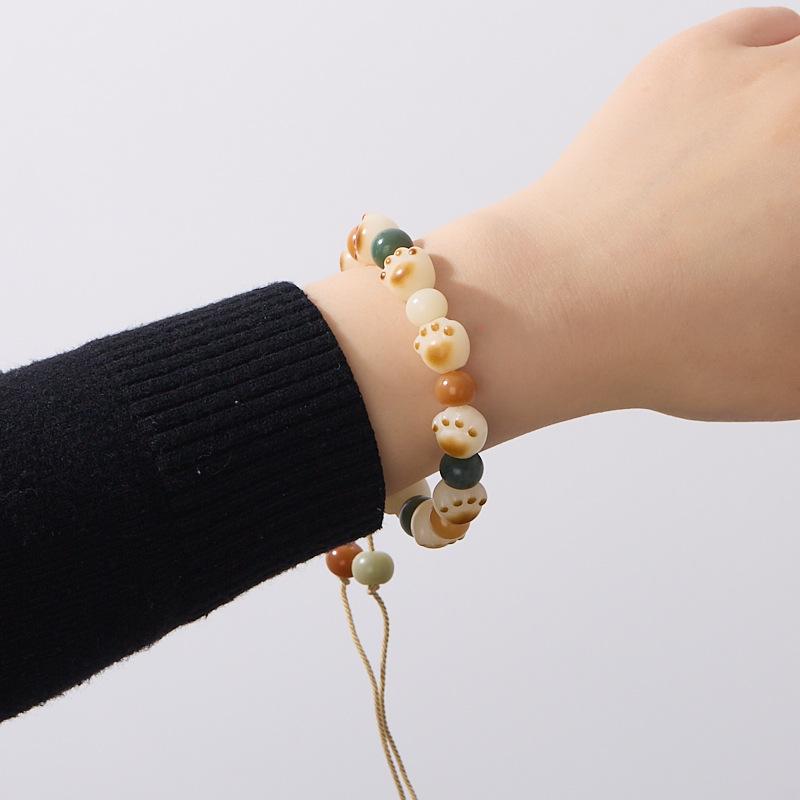 Dunhuang Bodhi Cat Paw Bracelet Multi-Treasure Charcoal Burnt Cat White Jade Bodhi Seed Play Bead Bracelet Soft Wrap Around Finger