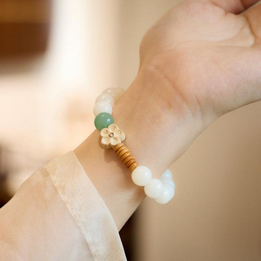 Natural White Jade Bodhi Bracelet Green Dongling Wealth Flower Bracelet Bodhi Root Cultural Play Bracelet Buddhist Beads Prayer Beads