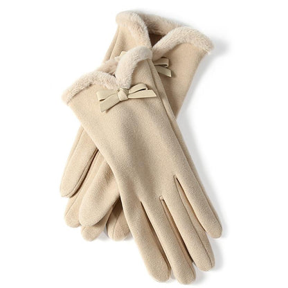 Autumn Winter Thermal Gloves for Women Outdoor Cold-Proof Fleece-Lined Warm Gloves Cute Bow Driving Gloves Touchscreen Compatible