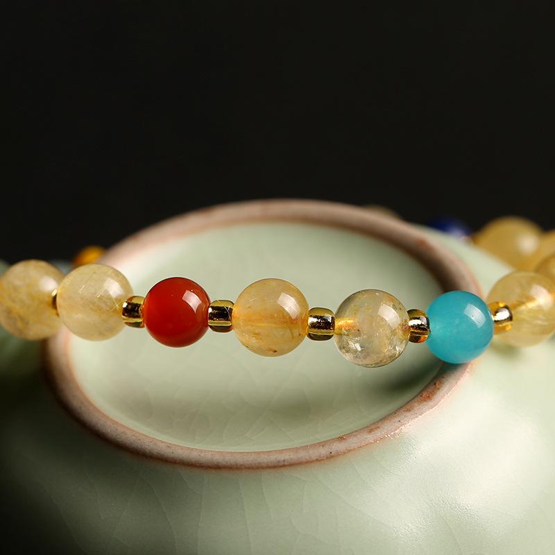 Original Design Multi-Gemstone Jewelry Brazilian Natural Golden Rutilated Quartz Bracelet for Women Vintage Agate Pink Quartz Bracelet