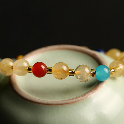 Original Design Multi-Gemstone Jewelry Brazilian Natural Golden Rutilated Quartz Bracelet for Women Vintage Agate Pink Quartz Bracelet