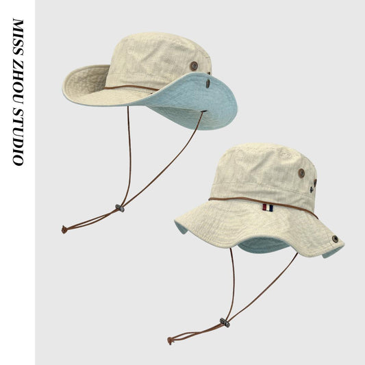 Color Block Denim Fisherman Hat for Women, Summer Vintage Versatile Travel Hiking Fishing Sun Protection Bucket Hat Trendy