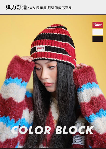 Autumn Winter Color-Block Knitted Hat for Women Outdoor Warm Versatile Wool Hat Trendy Cool Beanie Large Head Circumference Hat