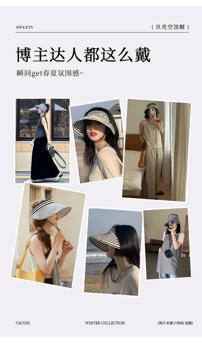 Striped Visor Hat for Women Summer Korean Style Wide Brim Sun Hat Striped Beach Hat Foldable Headband
