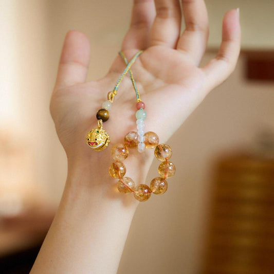 Natural Yellow Acai Crystal Pendant Prosperous Future Wealth Tiger Head Bell Car Pendant Bag Pendant Keychain