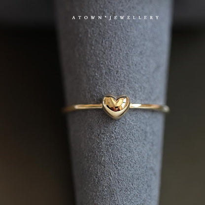 S925 Sterling Silver Plated 14K Gold Small Fat Heart Ring Simple Versatile Super Cute Lovely Thin Heart Ring