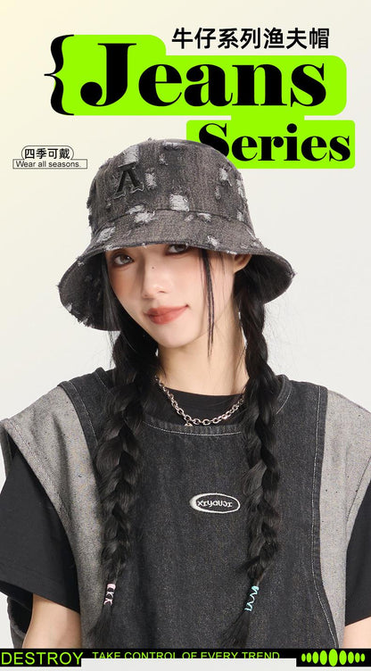 Spring Summer Denim Fisherman Hat for Women, Unique Trendy Distressed Sun Hat for Men, Korean Fashion Face-Slimming Bucket Hat