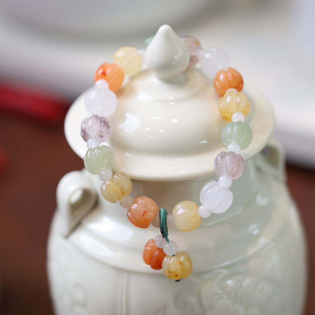 Natural Golden Silk Jade Pumpkin Bead Bracelet for Women, Small Gift for Best Friends, Colorful Multi-Treasure Small Pumpkin Pendant Jade Jewelry