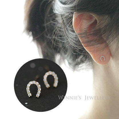 Full Diamond Horseshoe S925 Sterling Silver 14K Gold Plated Earrings Small Delicate Zircon Inlaid Exquisite U-Shaped Lucky Earrings for Women