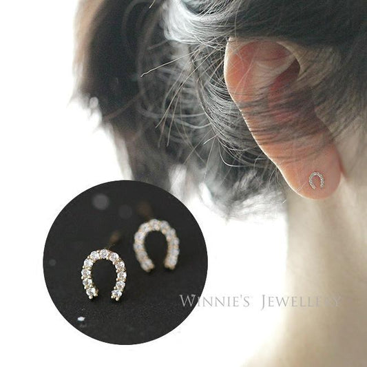 Full Diamond Horseshoe S925 Sterling Silver 14K Gold Plated Earrings Small Delicate Zircon Inlaid Exquisite U-Shaped Lucky Earrings for Women