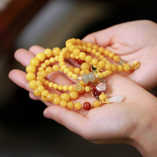 Natural Chicken Fat Yellow Beeswax Buddha Beads Bracelet for Women Amber Hetian Jade Single Circle Bracelet Retro Chinese Style Design