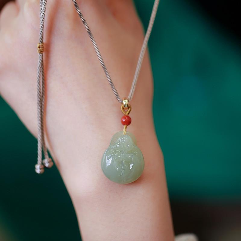 Natural Hetian Jade Hugging Buddha Pendant Necklace Couple Style Jade Pendant Exquisite Carving Braided Cord